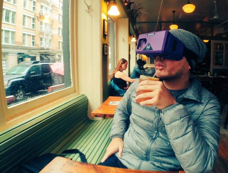 virtual reality goggles by MergeVR team at a coffee shop
