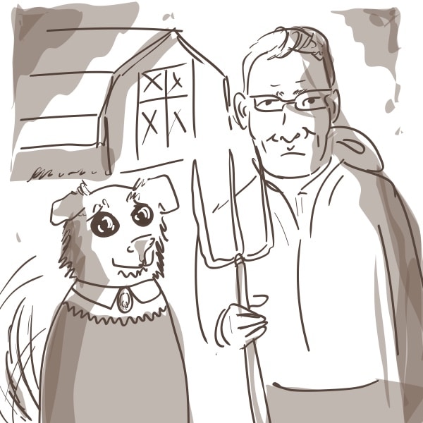 a cartoon of a man and his dog at the farm