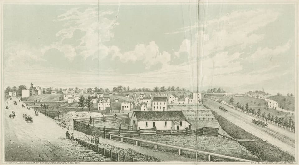 houses at a junction of Broadway and Eighth avenues in 1861