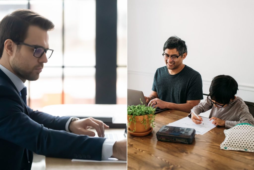 split image of one man working in the office, while the other is working from home with his kid
