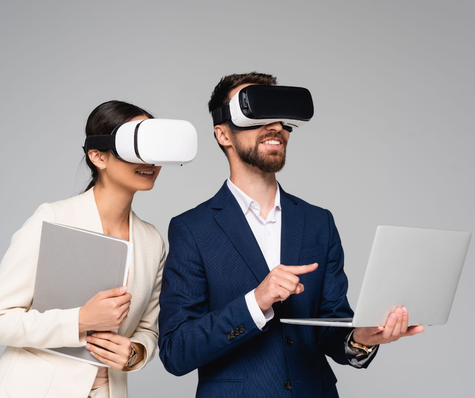 man and woman using virtual reality on their laptop