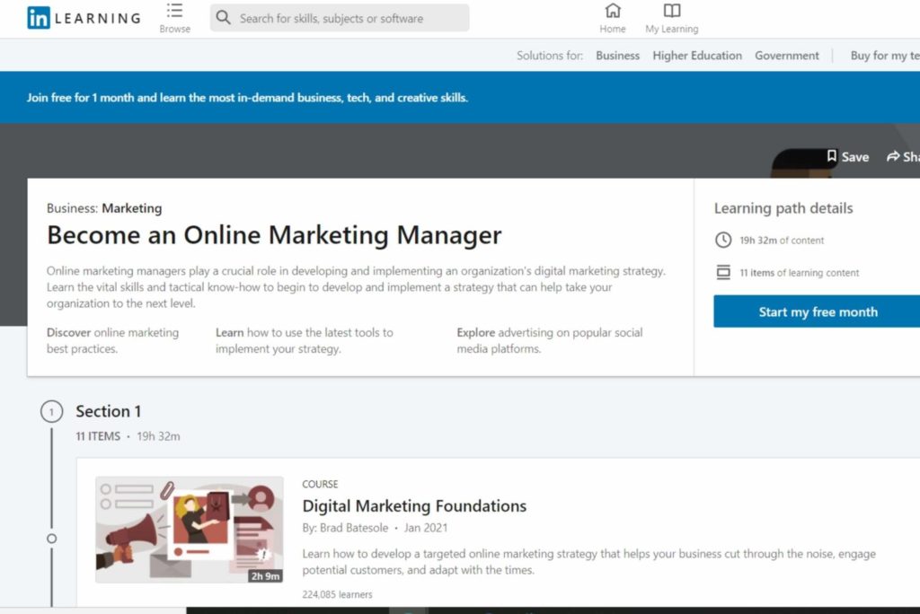layout of one of LinkedIn's free courses