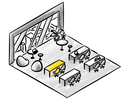 A sketch of a room with a table and chairs, emphasizing a comfortable space suitable for dining or meetings.