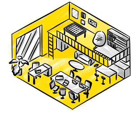 A bright yellow and white room featuring stylish furniture and a neatly arranged table, creating a welcoming atmosphere.