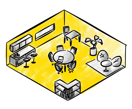 A sketch of a sunny yellow room adorned with furniture, creating a warm and welcoming atmosphere.