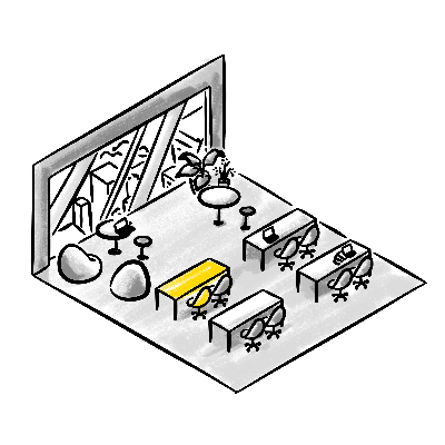 Cartoon-style image of a room with a desk and chair, representing a creative coworking space setting.