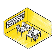 A vibrant yellow room depicted in a drawing, showcasing a desk and chair, ideal for a creative and inspiring environment.